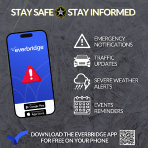 Promotional poster for the Everbridge mobile app featuring a smartphone displaying the app interface. Includes icons for emergency notifications, traffic updates, severe weather alerts, and event reminders. Text advises downloading the app for free on your phone with App Store and Google Play logos displayed. A QR code is positioned at the bottom right for easy access.